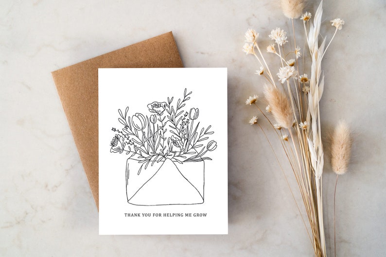 Thank You for Helping Me Grow Mother's Day Card Thank You Card Floral Line Art image 1