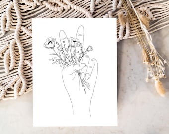 Peace Hands Holding Flowers 8x10" Line Art Print