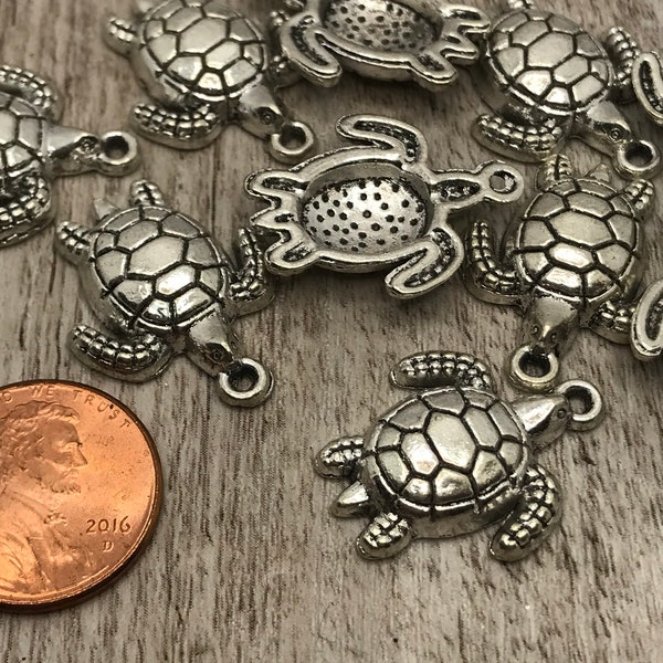 BULK Sea Turtle charms package of 10, zinc alloy metal, lead and nickel free, sealife, beach