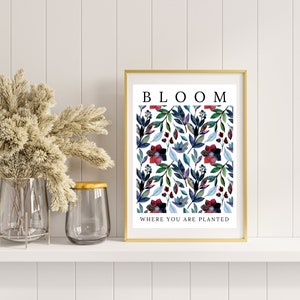 Bloom Where You Are Planted Art Print, Floral Blue and Green Hues, Wall Decor, Greeting Card