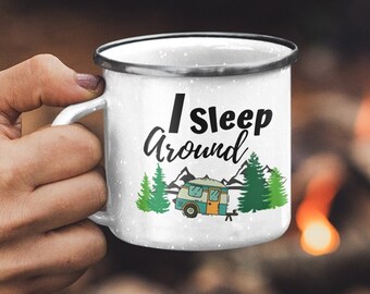 Funny Camping Mug: I Sleep Around Enamel Campfire Cup