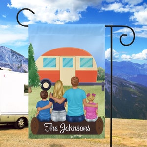 Camping Flag, Campsite Flag, Personalized Campsite Sign, Cartoon Family Portrait Garden Flag Camper Gift