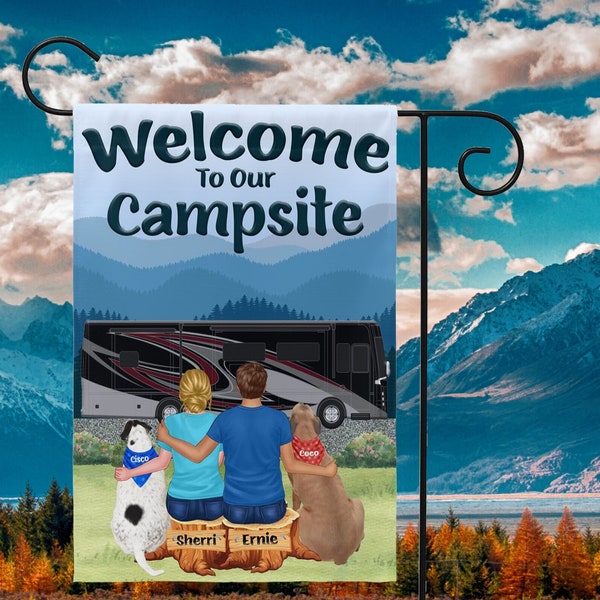 Welcome to Our Campsite Flag, Personalized Camping Sign, Couple Portrait With Dogs, Camper Gift, Parents Anniversary Gift