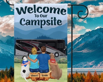Welcome to Our Campsite Flag, Personalized Camping Sign, Couple Portrait With Dogs, Camper Gift, Parents Anniversary Gift