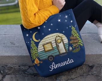 Personalized Vintage Camper Tote Bag: Custom Name Camping Travel Bag