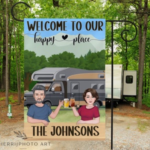 Personalized Campsite Flag: Welcome to Our Happy Place, RV Decor (12x18 inch)