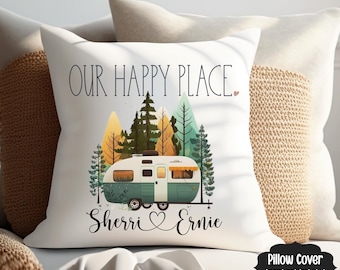 Personalized Throw Pillow Cover, Our Happy Place Cute Camping Pillow Case, Custom Camping Gift, Camper Gift Idea, RV Decor, Camping Decor