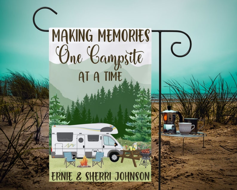 Personalized Camping Flag Sign - Best Gift For Camping Lovers - Up to 4 Pets - Our Love Story Pitching Tents And Making Memories