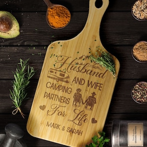 Personalized Cutting Board for Campers, Husband and Wife Camping Partners for Life, Anniversary, Wedding Gift, Gift for Campers