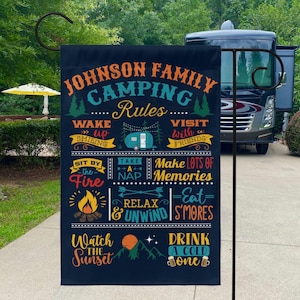 Personalized Camping Flag, Camper Decor, Camping Rules, Custom Campsite Garden Flag, Campsite Rules Sign, Gift for Campers, RV Gift