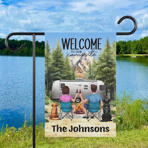 Camping Couple Gift, Welcome to Our Campsite Flag, Personalized Camp Banner, Gift for Dad, Gift for Mom, Portrait Flag with Dog or Cat