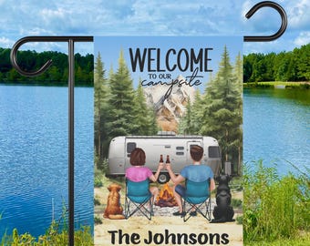 Camping Couple Gift, Welcome to Our Campsite Flag, Personalized Camp Banner, Gift for Dad, Gift for Mom, Portrait Flag with Dog or Cat