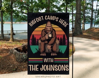 Personalized Bigfoot Camping Flag, Custom Campsite Sign, Camper Gift, RV Campsite Gift,  Family Name Garden Flag, Funny Camping Flag