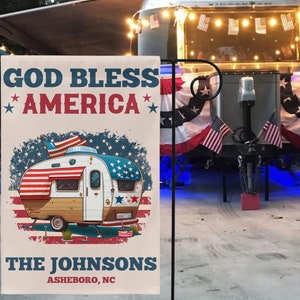 Custom Campsite Flag, God Bless America Personalized Camping Flag, Gift for Campers, RV Accessories, Camper Decor