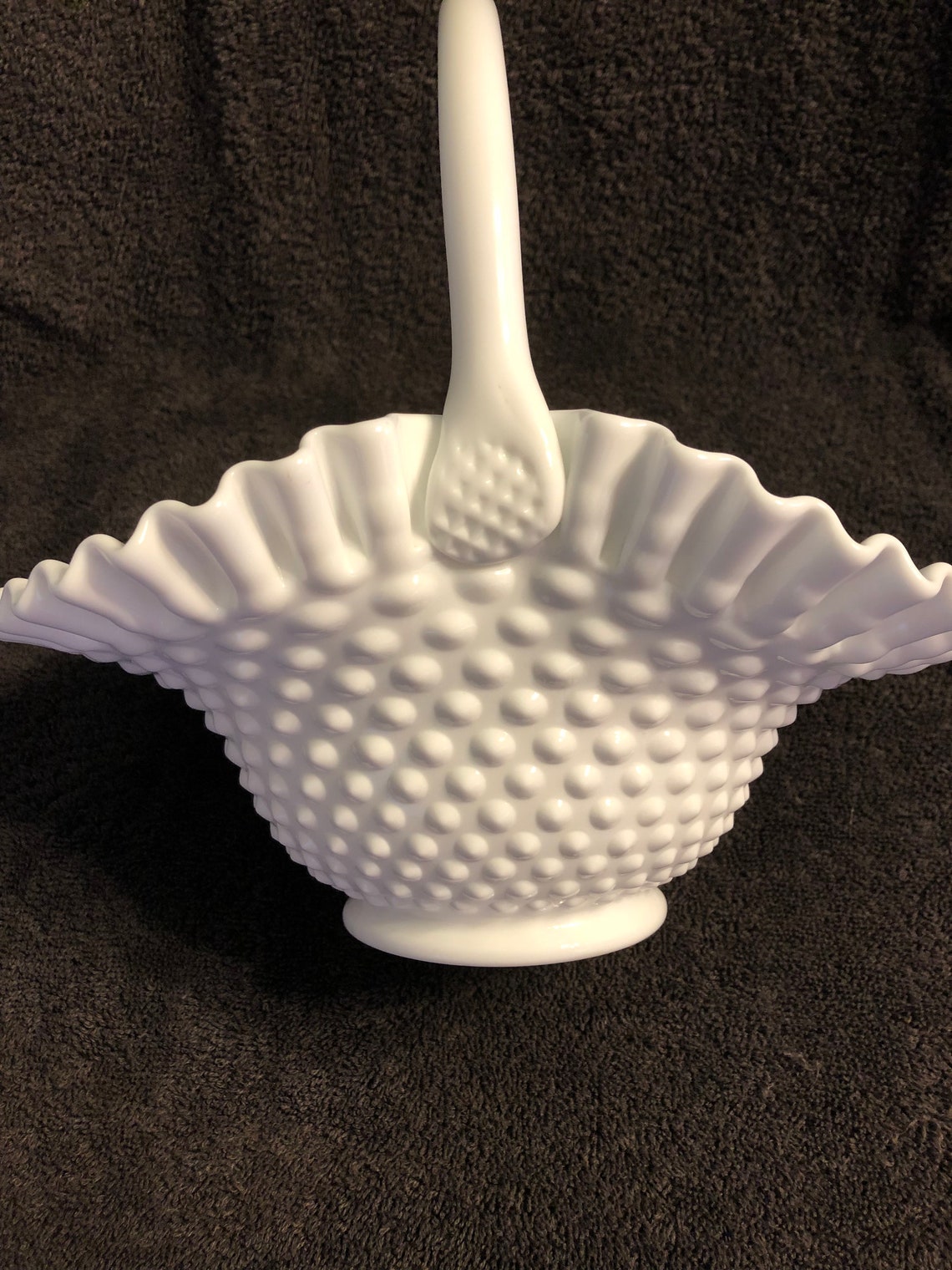Fenton Hobnail Ruffled Edge Milk Glass Basket W/handle Etsy