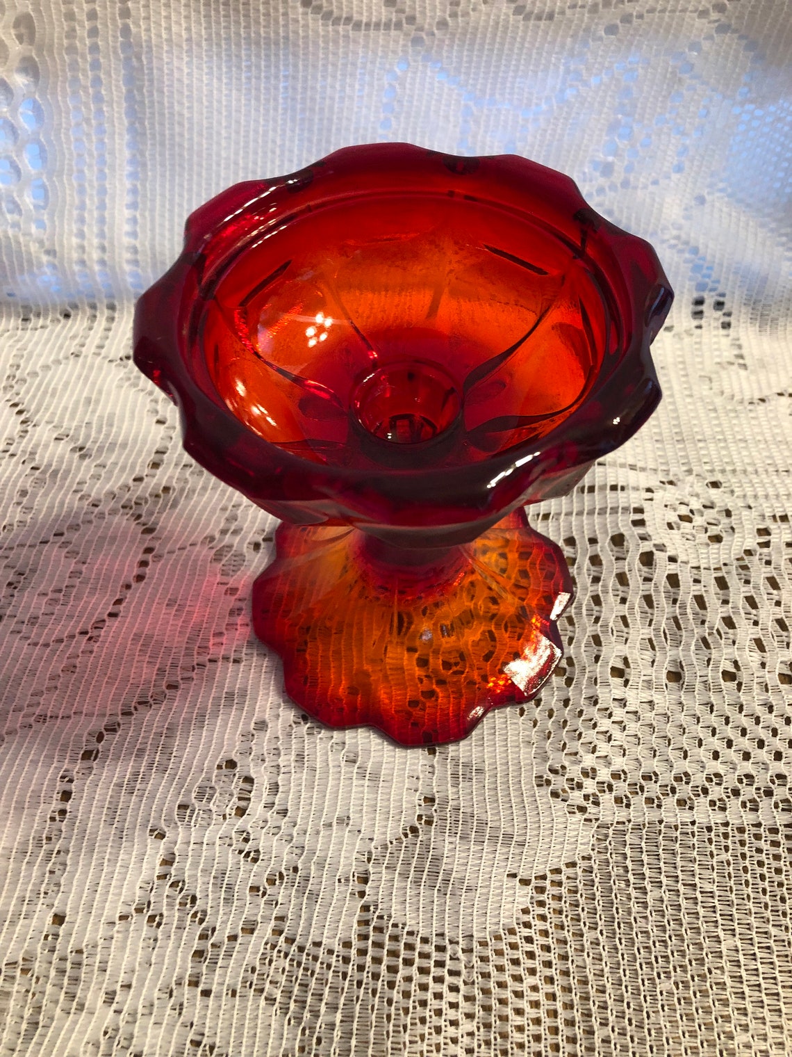 Fenton Glass Red/Orange Pedestal Candle Holder Vintage Etsy