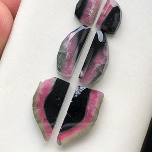 May include: Five gemstone cabochons in various shapes and sizes. The stones are a mix of black, pink, and green.