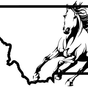 May include: Black and white silhouette of a horse running inside the outline of the state of Montana.