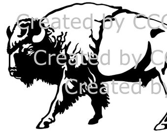May include: Black and white silhouette of a bison, a large, shaggy mammal with horns. The bison is facing left and walking.