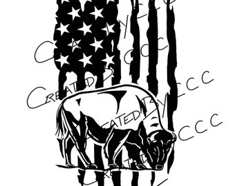 May include: Black and white silhouette of a bison standing in front of a distressed American flag. The flag is tattered and torn, with the stars and stripes visible.