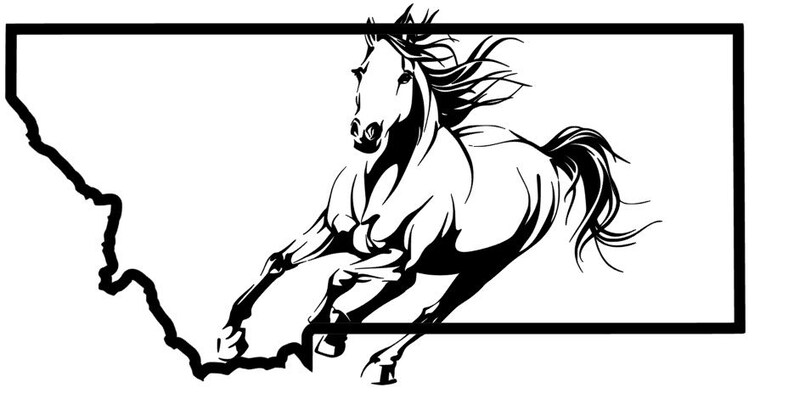 May include: Black and white silhouette of a horse running inside the outline of the state of Montana.
