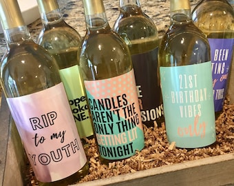 Funny 21st Birthday Wine Bottle Labels, Party Decorations, Set of 6