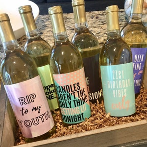 6 Fun 21st Birthday Wine Bottle Labels or Stickers Present, Unique Funny Birthday Party Decorations Supplies For Friend, Wife, Girl, Mom