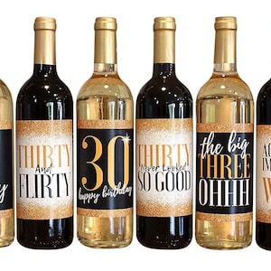 6 30th Birthday Wine Bottle Labels, Dirty Thirsty Flirty Thirty Gifts For Women, Cheers to 30 Years, Funny Black Gold Party Decorations