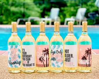 6 Birthday Wine Bottle Labels or Stickers Present, Any Age Funny Unique Tropical Birthday Party Decoration Centerpiece Supplies Anyone