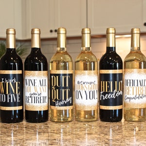 6 Premium Retirement Party Gift Wine Bottle Labels or Stickers, Officially Retired Teacher, Nurse, Coworker, Boss, Friend, Mom, Dad