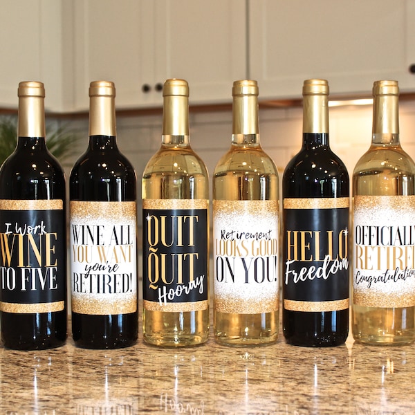 Retirement Party Wine Bottle Labels, Black and Gold Stickers, Set of 6
