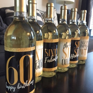 6 Premium 60th Birthday Wine Bottle Labels or Stickers Present, Funny Black & Gold Party Decorations Supplies For Friend, Wife, Girl, Mom image 3