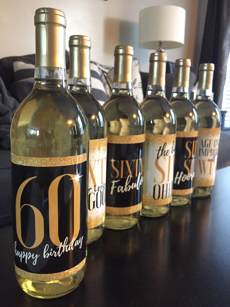 6 Premium 60th Birthday Wine Bottle Labels or Stickers Present, Funny Black & Gold Party Decorations Supplies For Friend, Wife, Girl, Mom image 3