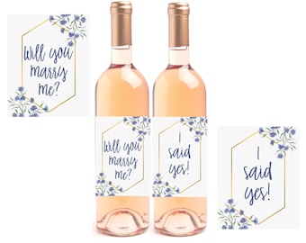 Proposal Wine Bottle Labels, Will You Marry Me + I Said Yes Set of 2 Wine Labels Engagement Idea - Floral Romantic Proposal Decor Props
