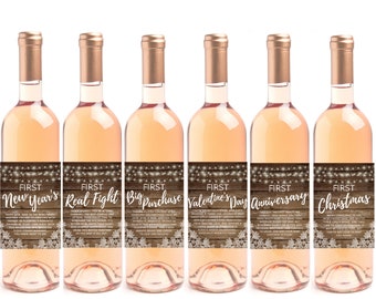 Rustic Wine Bottle Labels for Wedding Gift, Wedding Firsts, Perfect Bridal Shower, Engagement Party, Bachelorette Party, or Wedding Gift