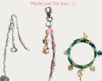 Individueller Schmuck | Personalisierte Armband Halskette Schlüsselbund Handy Charme Lesezeichen | Kawaii niedliches Geschenk handgefertigt
