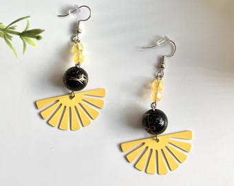 Yellow Fan Earrings, Gold Boho Dangle Earrings, Art Deco Fan Earrings, Black Gold Statement Earrings, Festival Jewelry