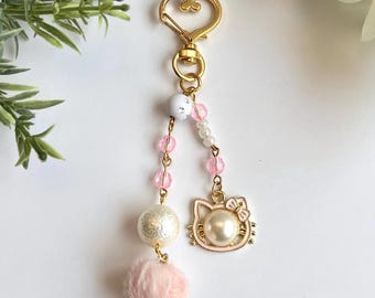 Pink Kitty Keychain, Kawaii Bag Charm, Pom Pom Keychain, Cute Purse Charm, Pastel Coquette Keychain