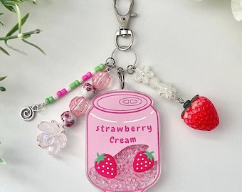Strawberry Cream Shaker Bag Charm | Cute Strawberry Keychain | Kawaii Purse Charm | Pink Backpack Accessory