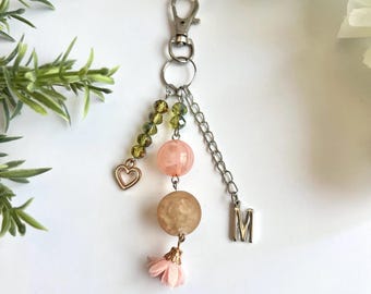 Pink & Olive Beaded Keychain • Initial Bag Charm • Personalized Letter Keychain • Tassel Charm Accessory • Gift for Her
