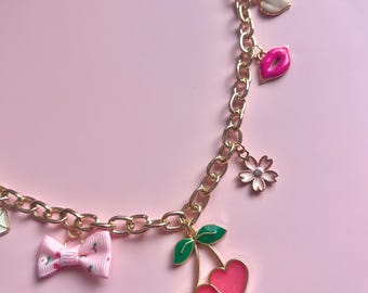 Porte-monnaie Kawaii Coquette Valentine | Chaîne de sac cerise rose et noeud | Cadeau mignon pour elle