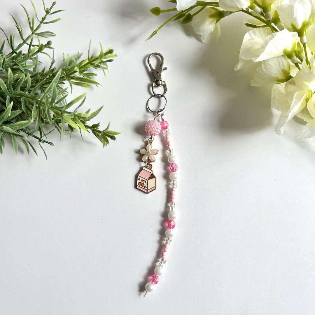 Mini Milkshake Keychains Milkshake Keychain, Pink Beaded Bag Charm, Kawaii Keychain, Cute Milk ...