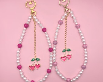 Cherry Bag Charm | Pearl Beaded Strap | Kawaii Purse Charm | Cute Coquette Keychain | Pink Cherry Accessory Gift