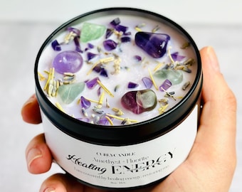 Healing energy cleansing candle with crystals and herbs, manifestation, intention, magic, spell, wiccan candle, aromatherapy soy candle