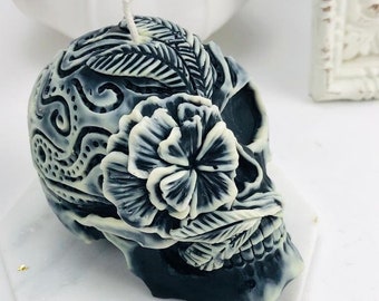 Floral Skull Beeswax Candle, Gothic Decor