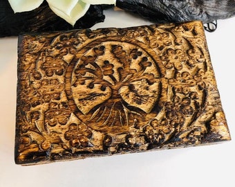 Hand-Carved Tree of Life Box, Mango Wood Crystal & Tarot Storage