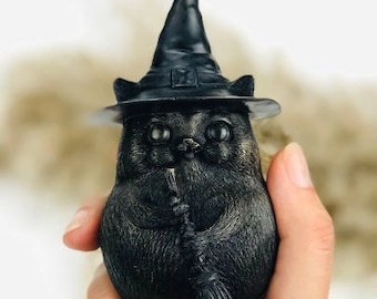 May include: Black cat figurine wearing a black witch hat and holding a broom. The figurine is made of a dark, textured material and has a whimsical, Halloween-themed design.