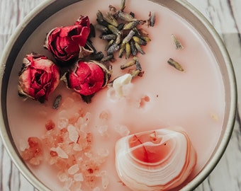 Crystal Candle, Apricot Agate Intention Candle for Protection & Love, Manifestation Soy Candle, Salt and Orchid Scent
