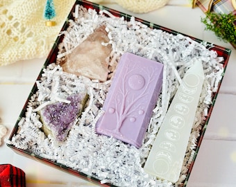 Moon Phases Gift Set: Selenite Obelisk, Amethyst, Intention Candle