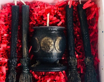 Fall candles, Halloween Cauldron and Brooms candle set, Moon phase wiccan candle Spell and ritual candles Witchcraft decor